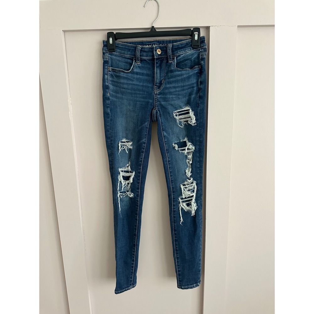 American Eagle Next Level Stretch Distressed Skinny Jeans Dark Wash Size 0 Reg